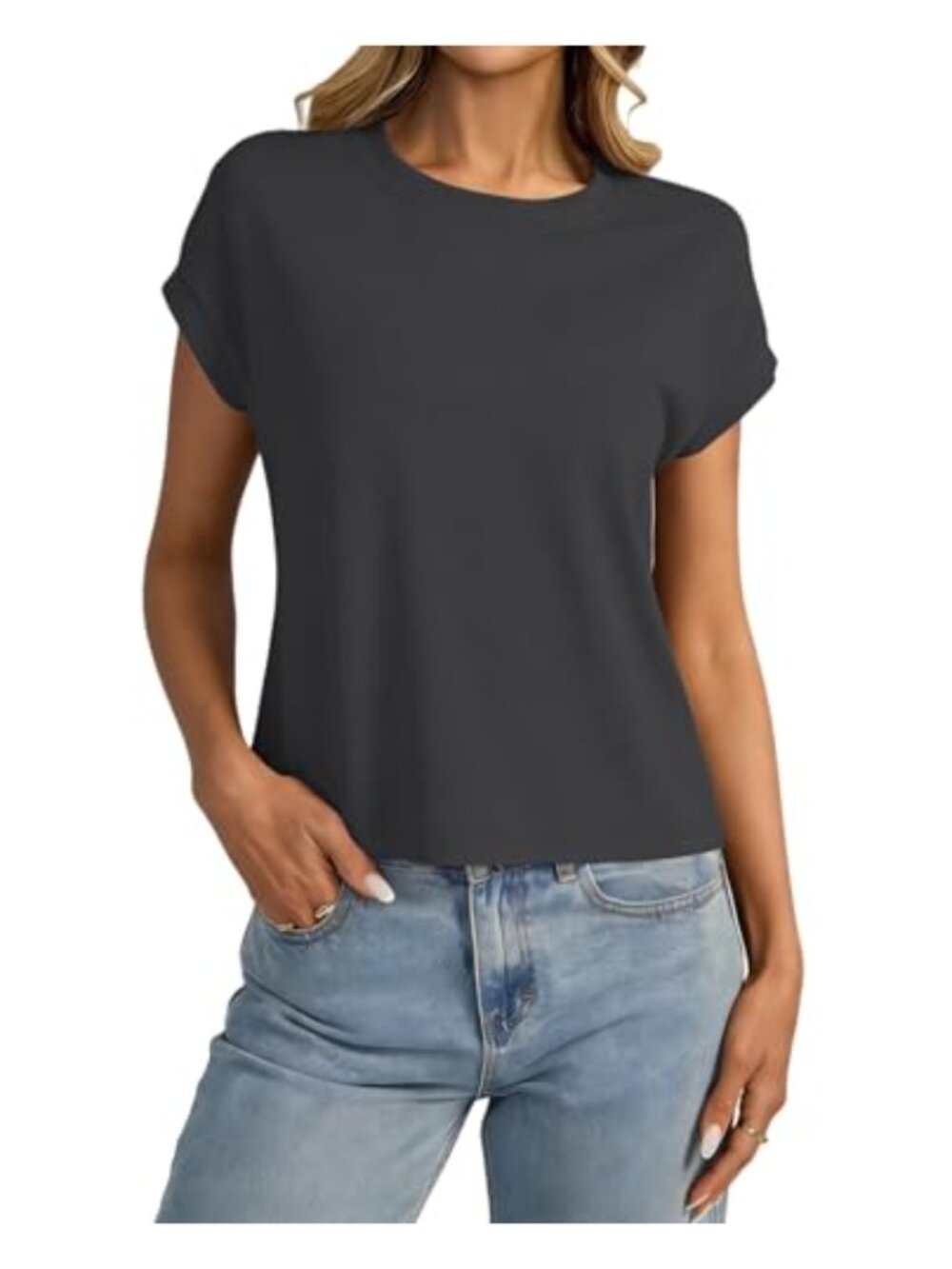 Womens Cap Sleeve Crop Top Loose Fit Crewneck Summer Tee